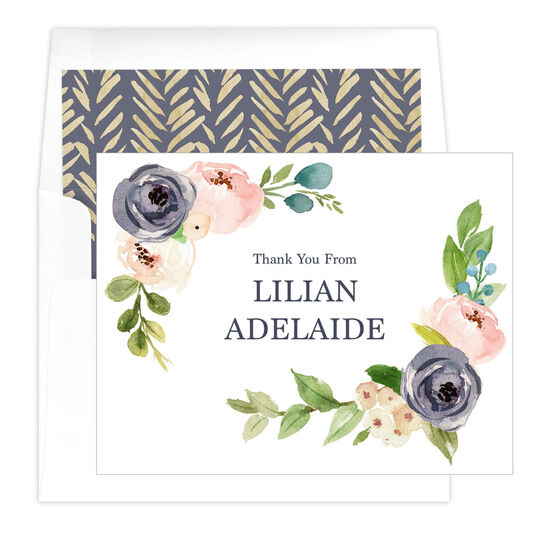 Gray Floral Corner Folded Thank You Note Cards